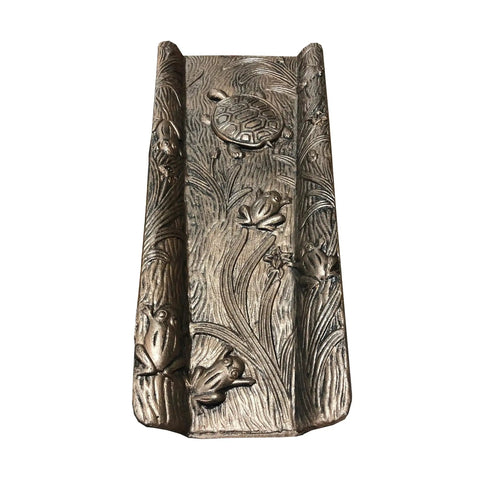 Cast Aluminum Splash Block In Antique Bronze, rust free drainage block with decorative frog and turtle design, fade resistant