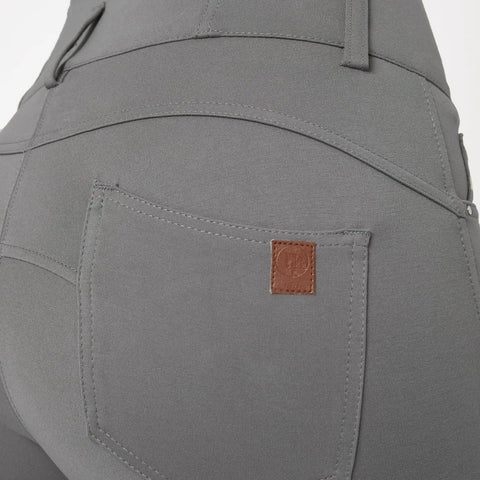 Back view of Tara High Waist Silicone Knee Patch Horse Riding Breeches For Women, Steel Grey, Size 26, showing back pocket detail.