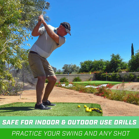 Man practicing golf swing with Foam Flight Practice Golf Balls 24 Pack Yellow For Safe Backyard Practice on green mat outdoors