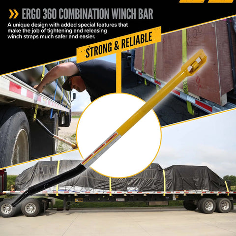 360 Winch Bar with Combination Square End for Flatbed Trailers, shown in use for securing and releasing ratchet straps.