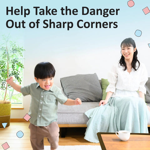 Image showing a happy child playing in a safe living room with Top Shelf Baby Proofing Edge And Corner Guard Protectors Featuring Twenty Feet Of PreTaped Shock Absorbing Rubber Foam With Eight Thick Furniture Bumpers For No Sweat Toddler Safety And Quick Peel Off Cleanup.