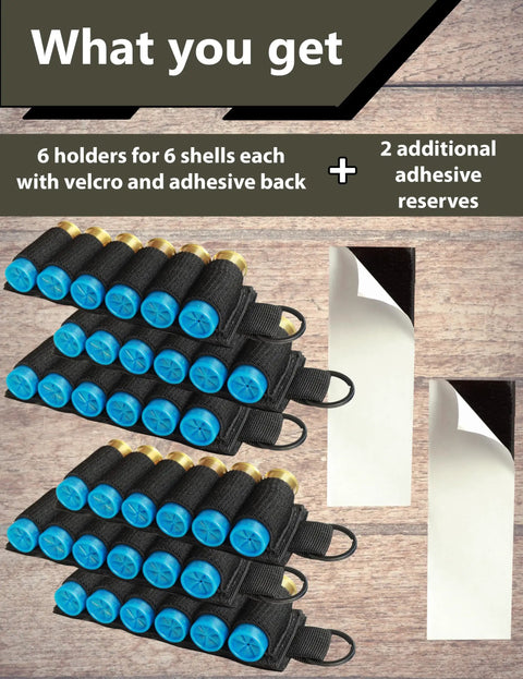 Six Pack 12 Gauge Shotgun Shell Holder Side Saddle Carrier for Stock with 6 holders, adhesive backing and Velcro straps
