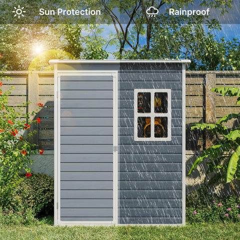 5x3 Ft Outdoor Storage Shed With Lockable Door, Rugged Weatherproof Resin Garden Shed With Floor And Ventilation in backyard