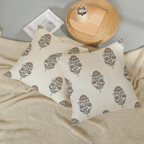 Gray Brown Linen Pillow Cover Set 18x18, 2 Pack Floral Block Print, Modern Vintage Boho Decor For Couch And Outdoor, Fade Resistant Cushion Covers, Neutral Farmhouse Throw Pillows, two 18x18 linen covers