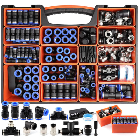 Top Notch 226Pcs Push Connect Air Fittings Kit With Nickel Plated Brass NPT And Metric Cross Adapters For Universal Pneumatic Tool Hookup In The Garage Or Shop, orange case