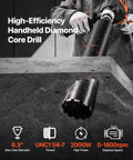 Heavy duty handheld drill with diamond core bit cutting concrete, "Diamond Core Drill For Concrete And Stone, 0.8 To 6.3 Inch Hole Diameter, 2000W Beast Power, Heavy Duty Handheld Core Drill With Wet And Dry Capability, 0 To 1800 RPM Variable Speed, 1 Quarter To 7 UNC Output Shaft, Includes Four Drill Bits"