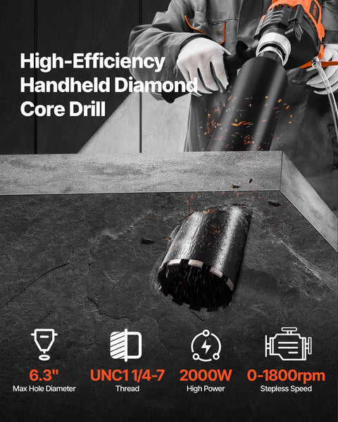 Heavy duty handheld drill with diamond core bit cutting concrete, "Diamond Core Drill For Concrete And Stone, 0.8 To 6.3 Inch Hole Diameter, 2000W Beast Power, Heavy Duty Handheld Core Drill With Wet And Dry Capability, 0 To 1800 RPM Variable Speed, 1 Quarter To 7 UNC Output Shaft, Includes Four Drill Bits"