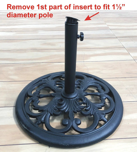 Heavy Duty 30 Pound Cast Iron Umbrella Base With Black Powder Coat, 20 Inch Diameter, Euro Deco Pattern, Thumb Screw Clamp