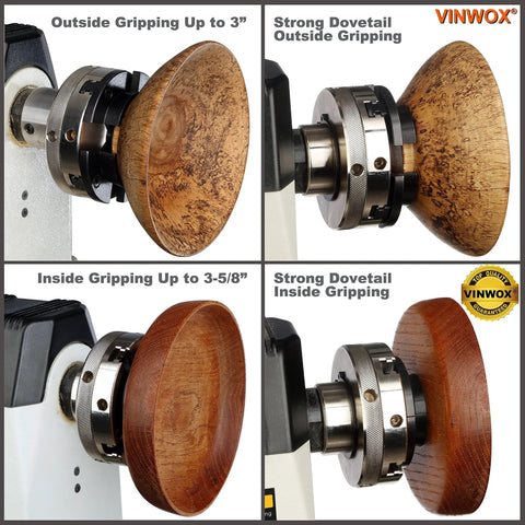 VINWOX 4-inch 4-jaw self-centering wood lathe chuck, outside gripping up to 3", nickel-coated body
VINWOX 4-inch 4-jaw lathe chuck, outside dovetail grip with 2-inch round jaws
VINWOX 4-inch 4-jaw lathe chuck, inside gripping up to 3-5/8", nickel-coated body on lathe
VINWOX 4-inch 4-jaw lathe chuck, strong dovetail inside gripping, mounted on lathe