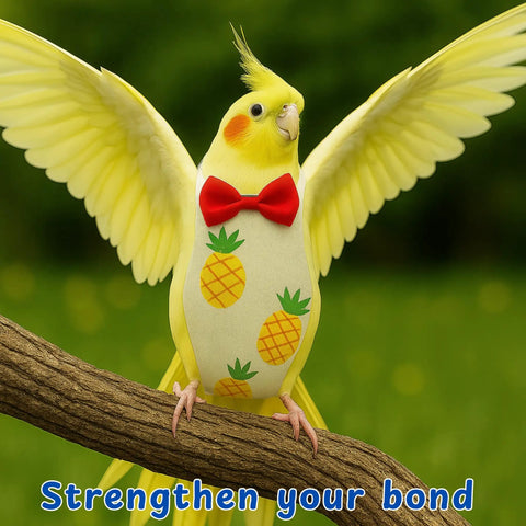 Yellow cockatiel in decorative harness, part of Bird Diaper Harness And Leash Set For Small To Medium Birds Breathable Cotton Super Comfy Fit