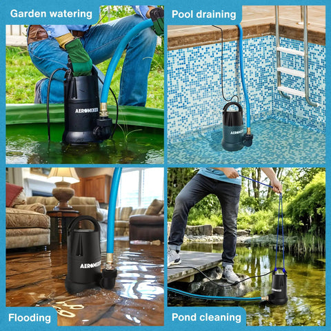 Heavy Duty 1 HP Submersible Transfer Pump 5120 GPH in action for pool draining and yard overflow cleanup.