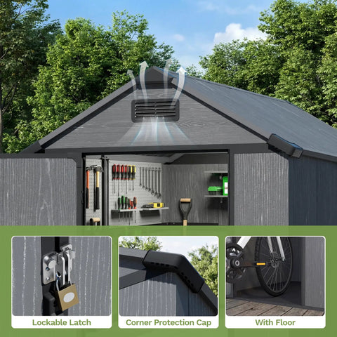 4x6 Ft Resin Outdoor Storage Shed With Floor And Lockable Door, Sloped Roof And Vent, shown with open door revealing tool storage