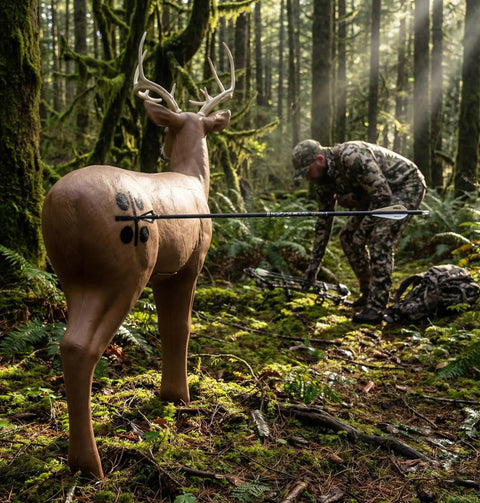 Durable Self Healing Foam Buck Deer 3D Archery Target in forest, showing arrow impact; handles thousands of shots effortlessly.