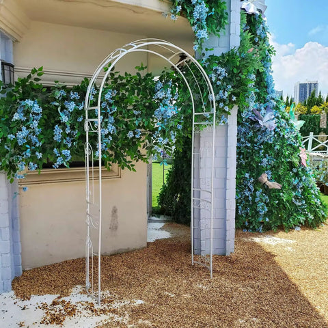 White Wedding Garden Arch Arbor With Curved Metal Archway For Climbing Plants Roses And Vines Backyard Patio Lawn Outdoor Ceremony Ready To Stand Up To Wind Heavy Duty Iron Frame With Powder Coating Anti Rust And Easy Setup