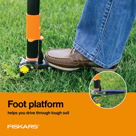 Stand Up 3 Claw Weed Puller With 39 Inch Ergonomic Handle foot platform being used on grass