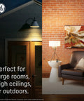 Split image showing outdoor and indoor lighting, demonstrating Ultra Bright Outdoor Flood Light Bulb, Warm White 3000K, Wet Rated, Dimmable.