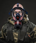 Person wearing a full-face mask with Top Notch Activated Carbon RD40 40mm Gas Mask Replacement Filter Canister.
