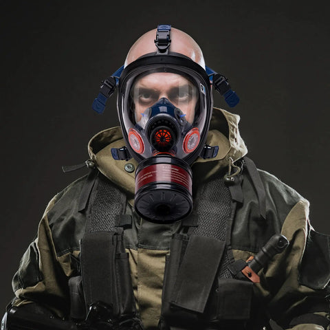 Person wearing a full-face mask with Top Notch Activated Carbon RD40 40mm Gas Mask Replacement Filter Canister.