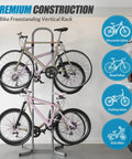 Grab-And-Go Four Bike Rack For Garage And Home, Freestanding Gravity Bicycle Stand with two bikes displayed on rack