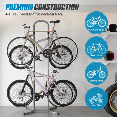 Grab-And-Go Four Bike Rack For Garage And Home, Freestanding Gravity Bicycle Stand with two bikes displayed on rack