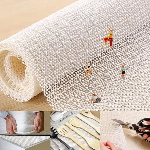 Close-up of No Slip Rug Pad Grippers 5x6.5 Ft for Hardwood Floors and Tile, detail of rolled mesh texture, dual-sided grip image.