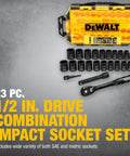 Impact Socket Set With Ratchet Pro Grade For Tough Jobs One Half Inch Drive Includes Metric And SAE Sizes Twenty Three Piece Kit Case