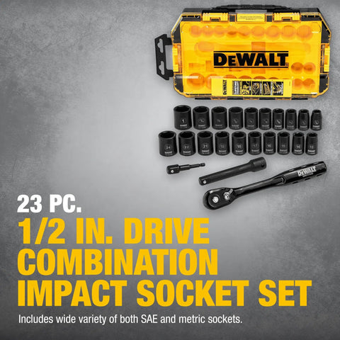 Impact Socket Set With Ratchet Pro Grade For Tough Jobs One Half Inch Drive Includes Metric And SAE Sizes Twenty Three Piece Kit Case