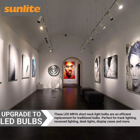 Art gallery with LED PAR16 dimmable short neck recessed spotlight bulb 7W 50W halogen replacement, 500 lumens, E26 base