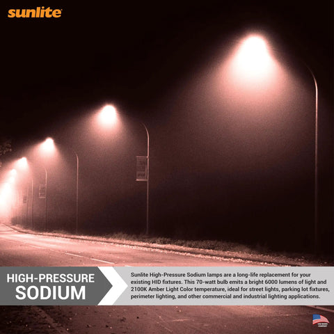 Street lit by High Pressure Sodium Light Bulb 70 Watt 6000 Lumen Hella Bright ED17 MED Base E26 ANSI S62 2100K Warm