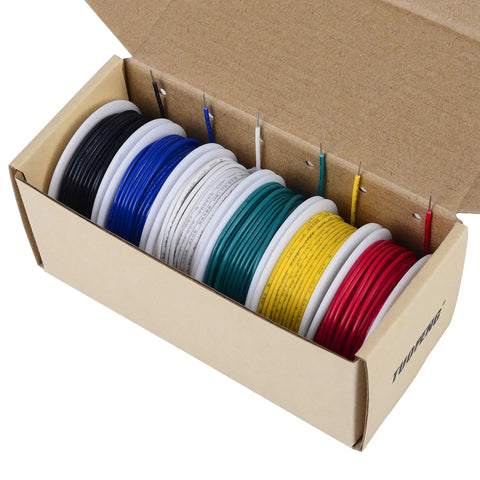 Box of Solid 22 AWG Hookup Wire Kit With Six Color Coded Breadboard Wires 30 Feet Each PVC Insulated Durable Electronics Wire For Arduino And Makers Easy To Patch And Route Heat Resistant Up To 80C. Includes spools in six colors.