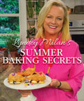 TV host holding a dessert platter with pastries titled 'Summer Baking Secrets Simple Showstopping Desserts For Warm Weather'.