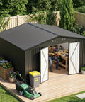14x12 Ft Metal Outdoor Storage Shed With Lockable Door And Sloped Roof, man working inside, garden tools and lawnmower outside