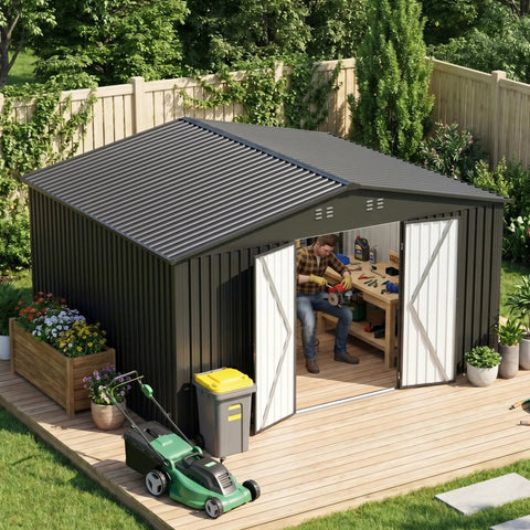 14x12 Ft Metal Outdoor Storage Shed With Lockable Door And Sloped Roof, man working inside, garden tools and lawnmower outside