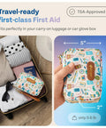 KeepGoing travel first aid kit in a patterned fabric pouch with travel icons; TSA-approved, compact 5x7 in.