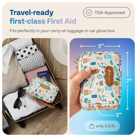 KeepGoing travel first aid kit in a patterned fabric pouch with travel icons; TSA-approved, compact 5x7 in.