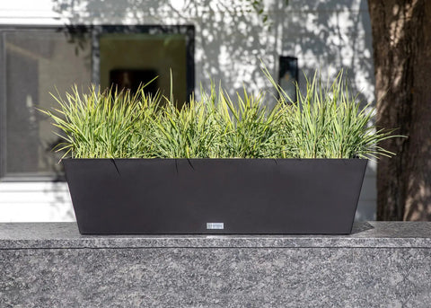Durable All Weather Window Box Planter For Indoor Outdoor Windowsill Or Balcony Built To Last Long Rectangular Planter With Drainage Holes Modern Decor For Herbs Small Plants And Flowers on stone surface