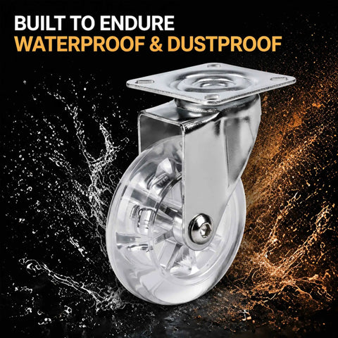 Transparent 3 Inch Caster Wheels Set Of 4 With Beefed Up Heavy Duty Steel Plate And Clear PU Tread, close-up view