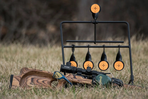 Rimfire Auto Reset Target For Plinking, Range Ready Steel Build, Self Resets After Every Hit in outdoor setting with ground stakes