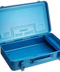 Open blue T-360 Trunk Tool Box 14.6 By 8.7 By 3.7 Inches, compact car organizer with spacious compartments and lockable lid.