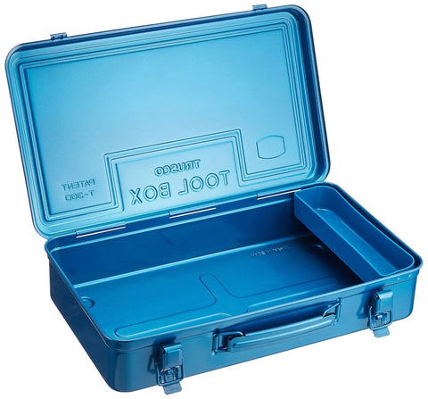 Open blue T-360 Trunk Tool Box 14.6 By 8.7 By 3.7 Inches, compact car organizer with spacious compartments and lockable lid.