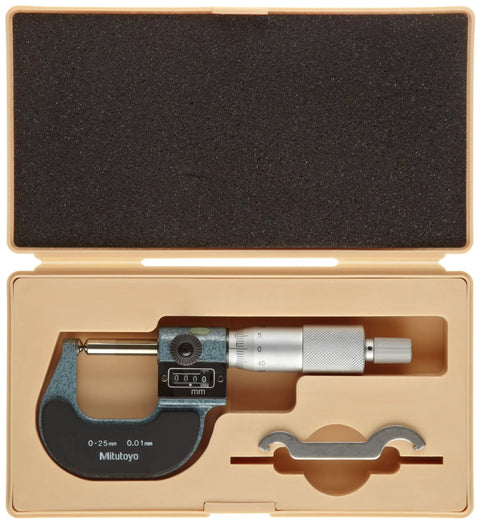 Spherical Face Micrometer With Ratchet Stop And Spherical Anvil, 0-25mm Range, 0.01mm Resolution, Mechanical Counter, 220g, Built To Last And Comes In Handy Plastic Case, in case