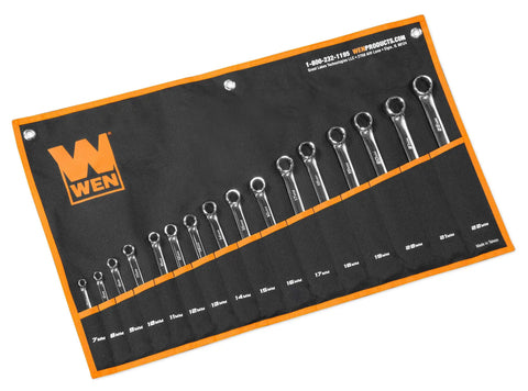 16 Piece Metric Combination Wrench Set with Roll Up Storage Pouch, heat treated chrome vanadium steel, sizes 7mm to 22mm on display