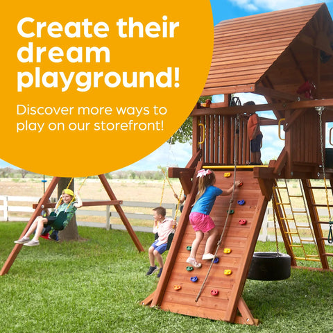 Children playing on backyard swing set with climbing wall and swings, part of Backyard Swing Set Accessories Kit