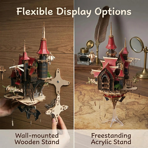 Epic 3D Wooden Puzzle Kit For Adults Steampunk Castle Model With LED Lights DIY Architectural Build For Display Decor And Gift Ideas 699 Pieces Great Gift For Puzzle Lovers on wall-mount and acrylic stand