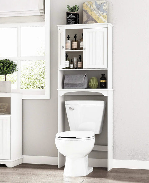 Over The Toilet Storage Cabinet For Bathroom White Beadboard Style Shelf With Anti Tip Anchor Tall Organizer for Small Spaces