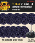 11 Piece 3 Inch Diameter Abrasive Stripping Brush Wheel Set With 10 Quick Change Discs and 1/4 Inch Drill Backing Pad shown
