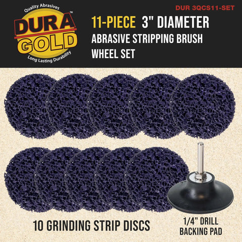 11 Piece 3 Inch Diameter Abrasive Stripping Brush Wheel Set With 10 Quick Change Discs and 1/4 Inch Drill Backing Pad shown