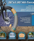 Close-up of 26 inch all-terrain wheel on Beast 1000W Peak Electric Mountain Bike For Adults, depicting tire grip features.