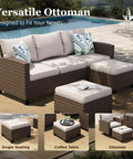 Swivel Glide Patio Furniture Set With 56 Inch Fire Pit Table Six Piece Outdoor Wicker Sectional Comfy Conversation Sofa Set For Lawn Backyard Deck With Beige Cushions showing versatile ottoman use