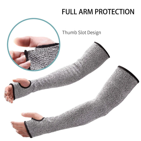 Heavy Duty Cut Resistant Arm Sleeves With Thumb Hole 18 Inch Anti Abrasion Safety Arm Guard For Garden And Kitchen Bite Proof Protection For Thin Skin EN388 Level 5 1 Pair showing full arm coverage and thumb slot detail.